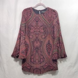 Elizabeth & James Silk Blouse Women's S Red Multi Bell Sleeve Floral Artsy Boho